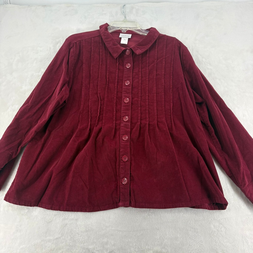 The Vermont Country Store Shirt Womens XLP Button Down Burgundy Corduroy Pintuck
